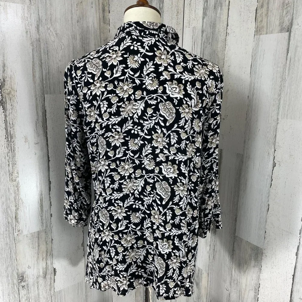 J. Jill Women's Black Floral Rayon 3/4 Sleeve Button Up Shirt Top Blouse Sz M